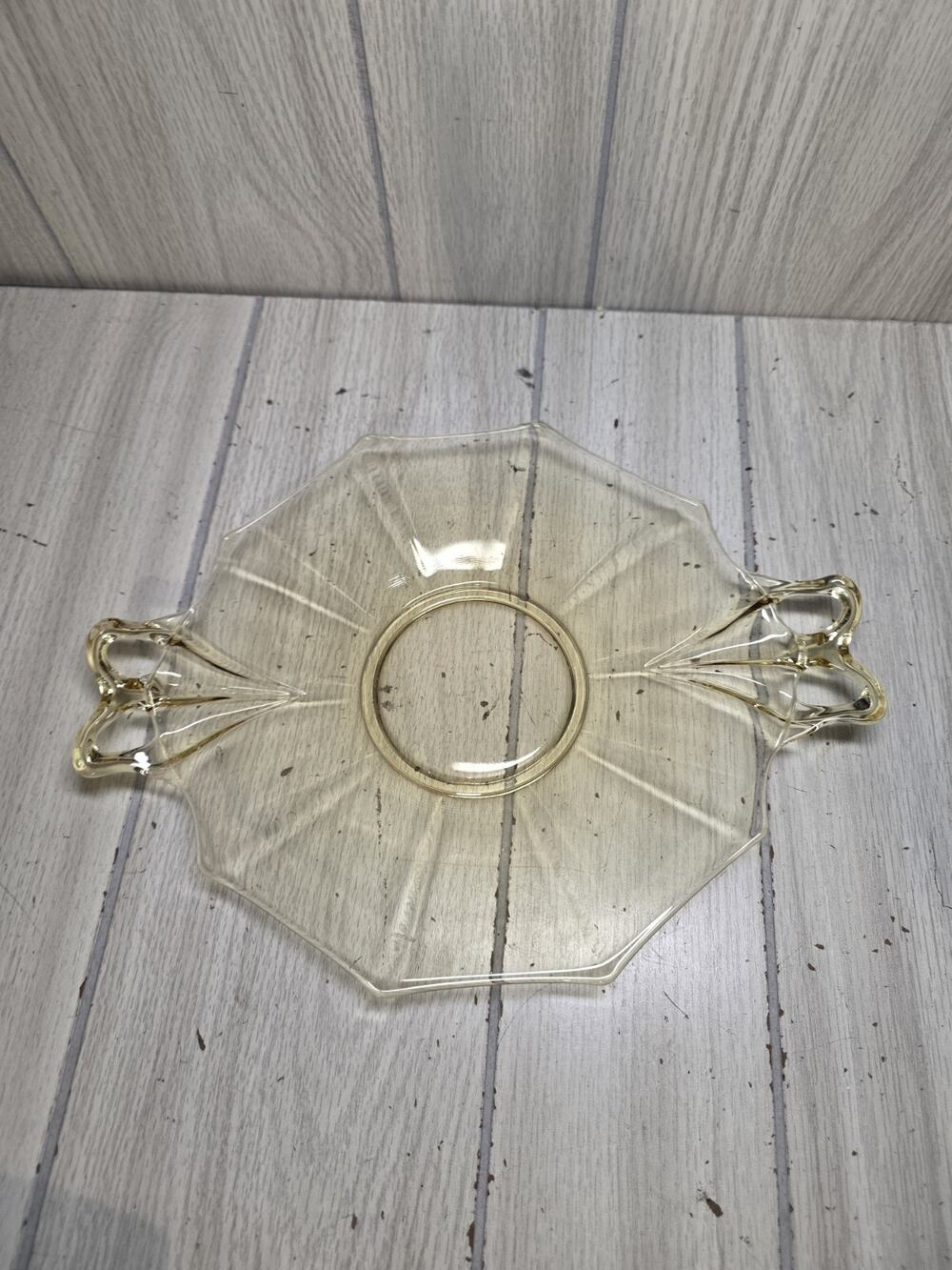 VINTAGE Amber Yellow Depression Glass Plate With Handles Victorian Design 12"
